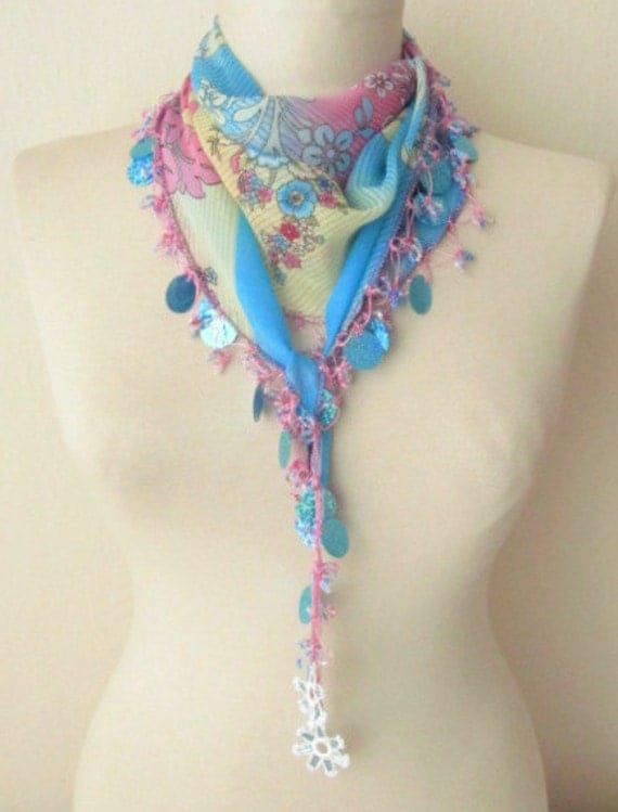 Traditional Turkish YEMENI  BLUE-AQUA Oya Scarf ..wedding,bridal,scarf,authentic, romantic, elegant, fashion,april,spring