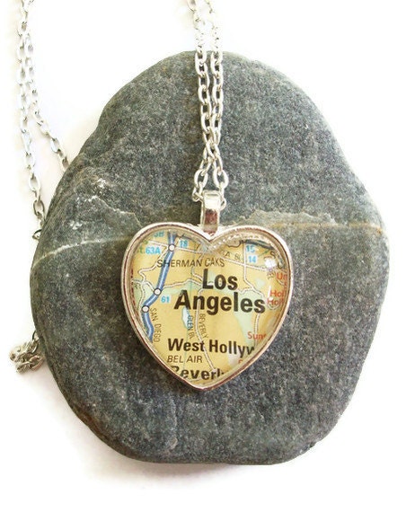 Los Angeles Map Necklace, Heart Pendant with Chain, California