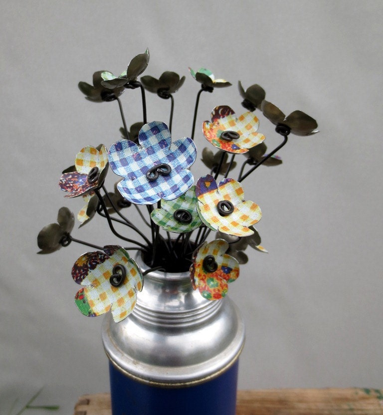 Simple Prairie  Bouquet of Metal Flowers Blue Green and Yellow Gingham In Vintage Thermos