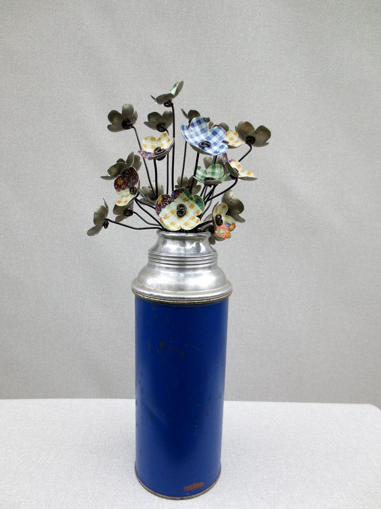 Simple Prairie  Bouquet of Metal Flowers Blue Green and Yellow Gingham In Vintage Thermos