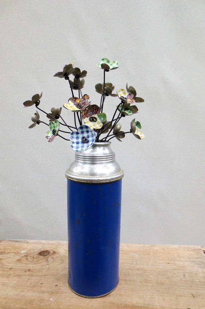 Simple Prairie  Bouquet of Metal Flowers Blue Green and Yellow Gingham In Vintage Thermos