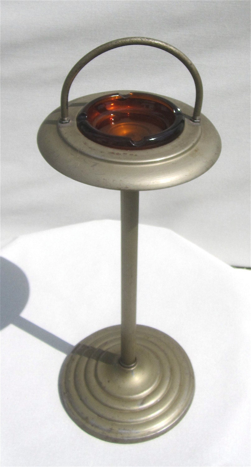 Vintage 1940's-1950's Art Deco Style Standing Ashtray w/Gold Glass Removable Insert Mad Men