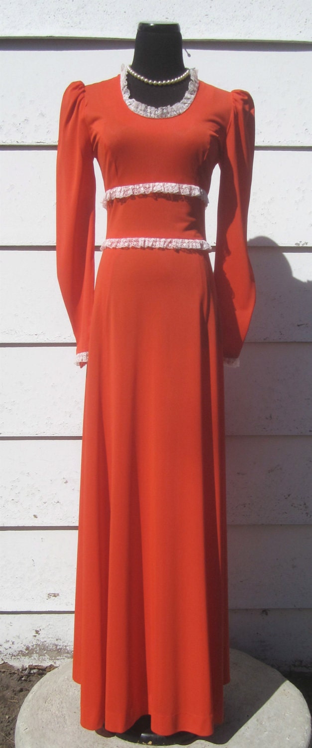 Vintage 1970's Long & Luscious Orange Maxi Dress Gown That Glides With Every Movement