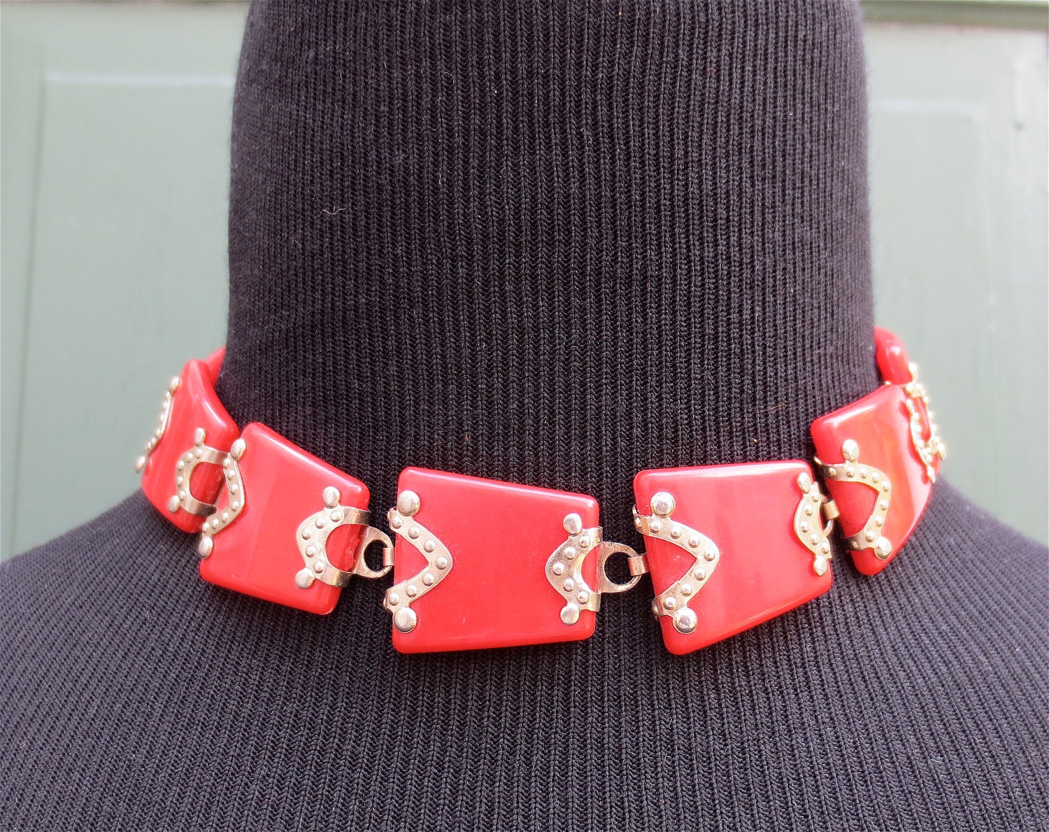 Vintage 1950's Red Lucite / Bakelite Choker Necklace Serpentine Steam Punk Jewelry