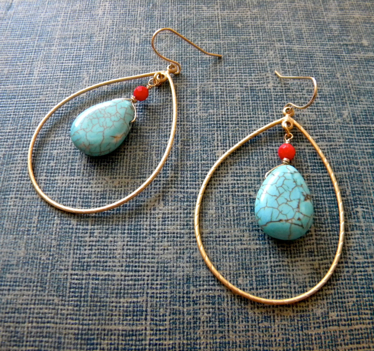 Turquoise and Coral Earrings. Gold.