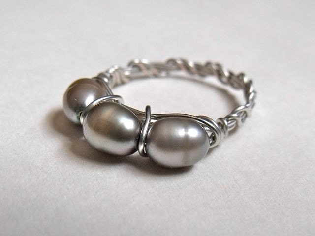 Olive Freshwater Pearl Trio Wire Wrapped Ring in Silver