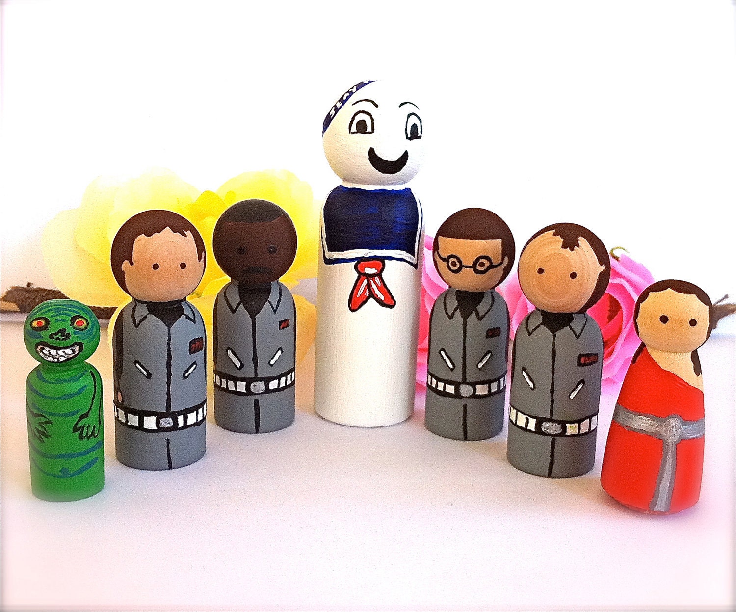 Ghostbusters Wood Peg Dolls Toy Set of 7 Bill Murray Peter Venkman Slimer Stay Puft  Marshmallow Man Sigourney Weaver 1984