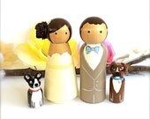 Wedding Cake Topper Custom Bride and Groom with 2 Pets Large Personalized Wood Peg Dolls Peggies Dog Cat Animals Cute CreativeButterflyXOX