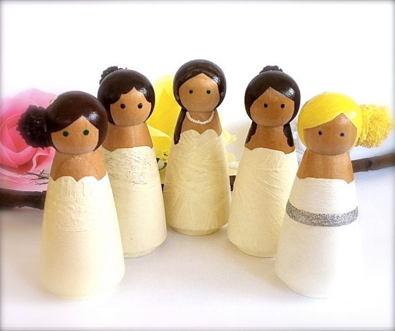 Custom Bridal Party Wedding Cake Topper Keepsake Bride Groom Best Man Maid of Honor Set of 4  Wood Peg Dolls Personalized Bridal Party Cute