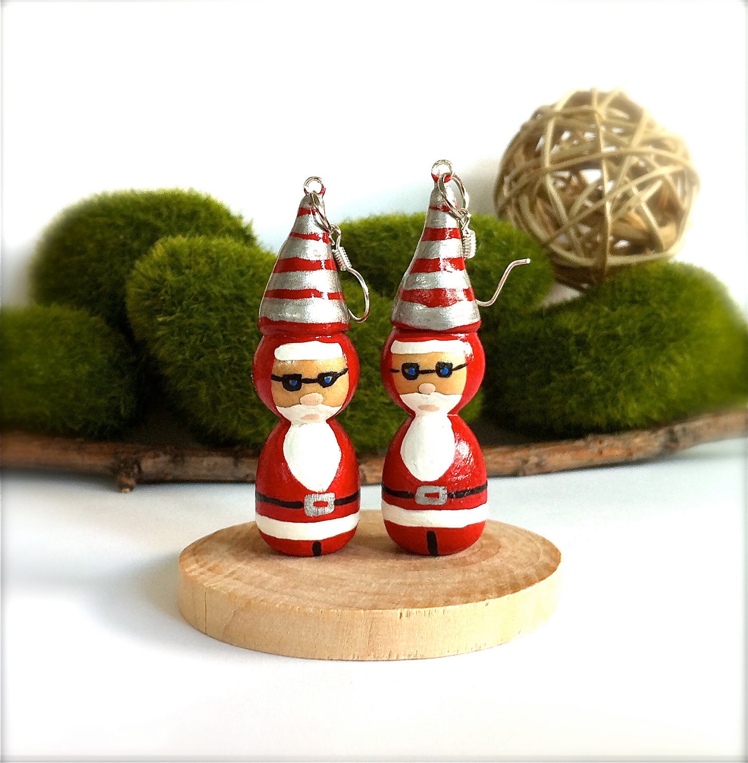 Santa Earrings Whimsical Wooden Kokeshi Dolls Holiday Earrings Jewelry Wood Peg Doll Santa Claus Silver Earrings Hand Painted Cute Xmas