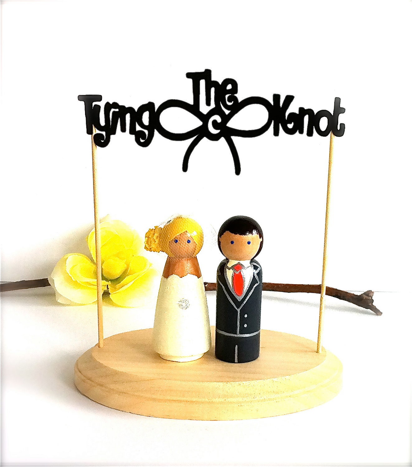 Custom WEDDING CAKE TOPPER with Tying The Knot Sign and Wood Stand Custom Bride Groom Wooden Peg Dolls Wedding Toppers Just Married Banner