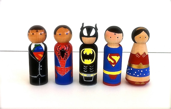 Superhero and Bride Wedding Cake Topper Custom Wood Peg Doll Hero Keepsake Collectable Bridal Shower Gift Comic Books Character Toy 1980s