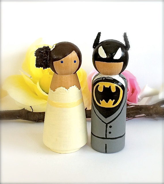 Custom Superhero WEDDING CAKE TOPPER Wood Peg Doll Hero Keepsake Collectable Bridal Shower Gift Comic Books Character Art Toy 1980s