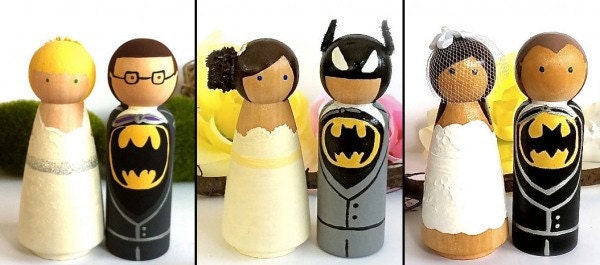 Custom Superhero WEDDING CAKE TOPPER Wood Peg Doll Hero Keepsake Collectable Bridal Shower Gift Comic Books Character Art Toy 1980s