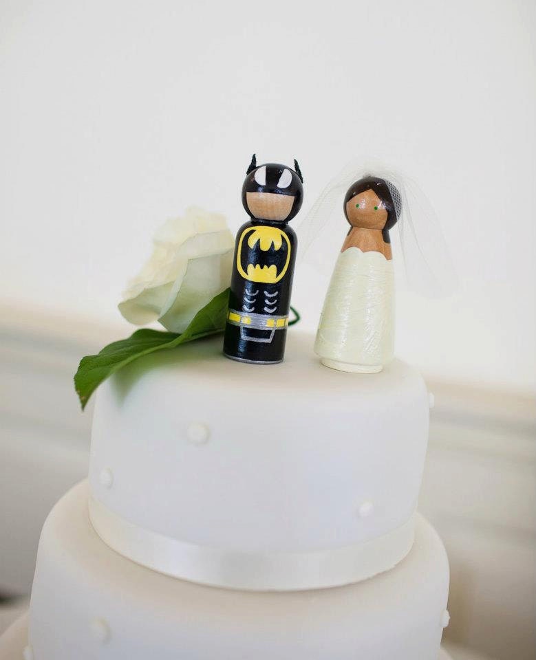 Custom Superhero WEDDING CAKE TOPPER Wood Peg Doll Hero Keepsake Collectable Bridal Shower Gift Comic Books Character Art Toy 1980s