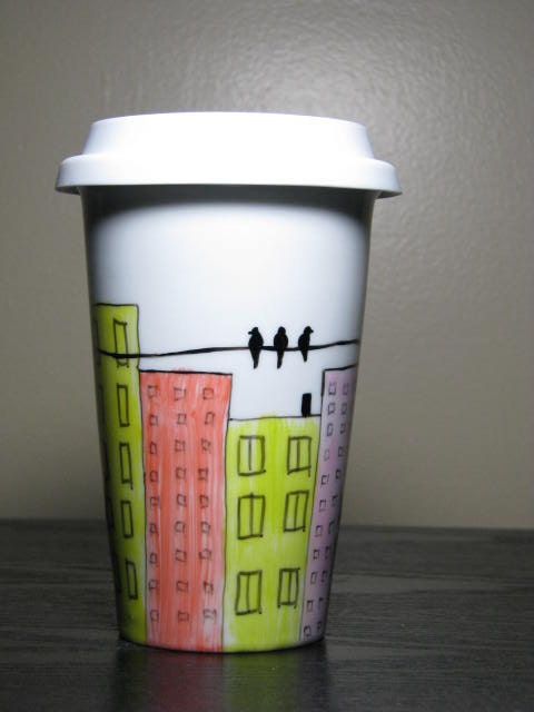 Painted Travel Coffee Mug- City Life, Eco-Friendly