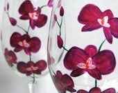 Wine Glasses Fushia Orchids Painted Barware