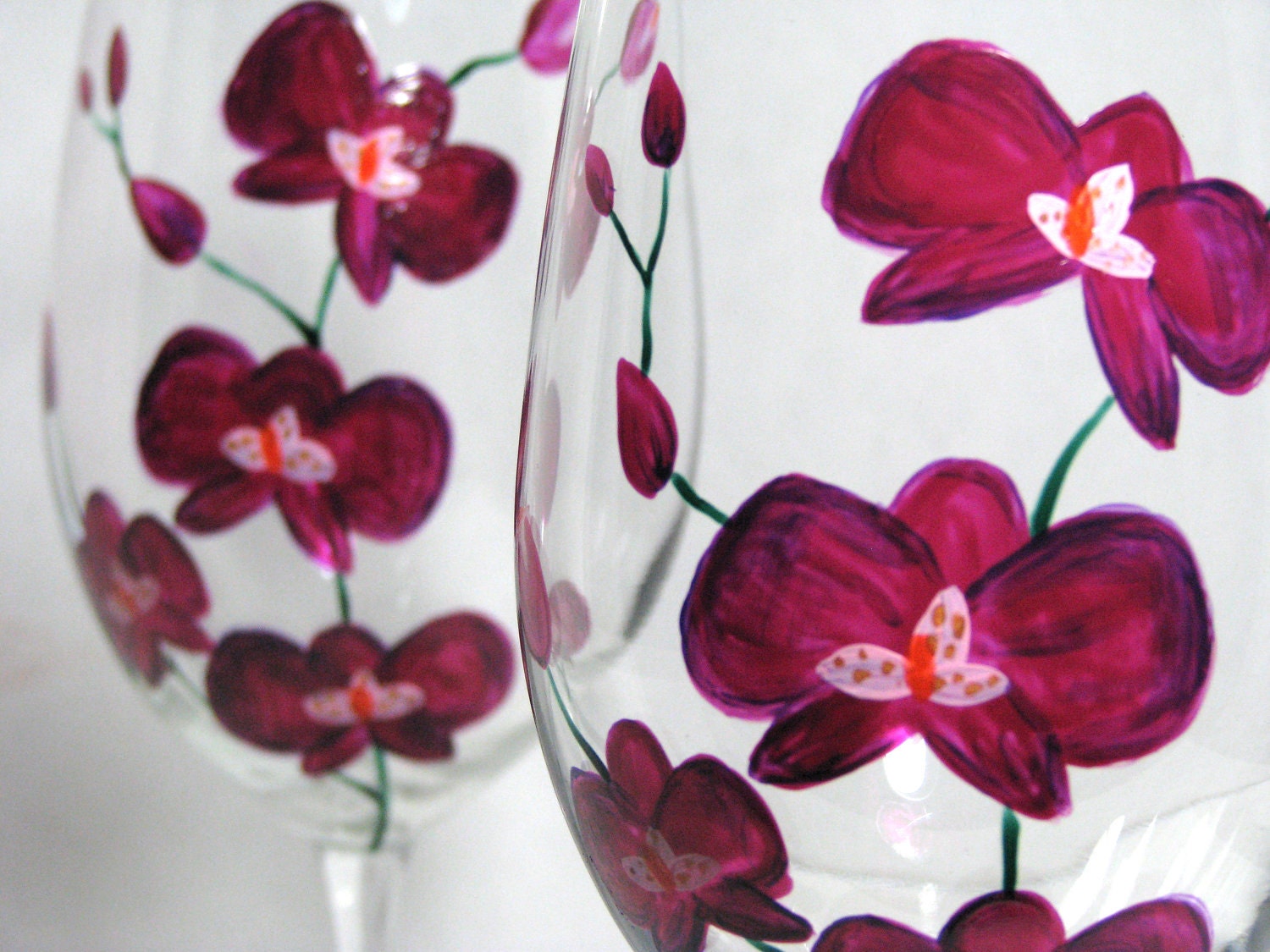 Wine Glasses Fushia Orchids Painted Barware