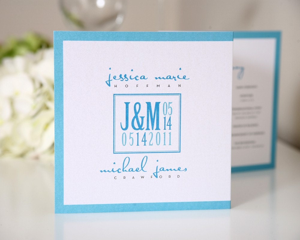 Modern Logo Tri Fold Wedding Programs Sample in Electric Blue and Tiffany on Pearl Shimmer Luxury Cardstock