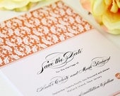 Damask Save the Date Card or Wedding Announcement in Peach - Sample