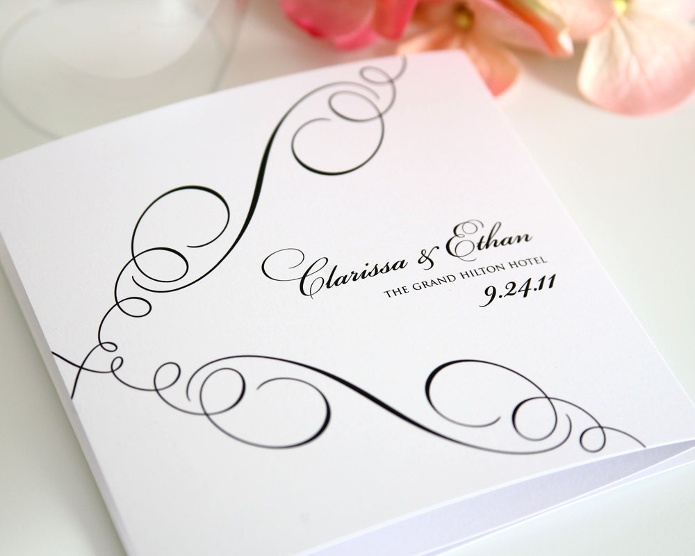 Swirled Tri Fold Wedding Programs Sample in Black and White on Pearl Shimmer Luxury Cardstock