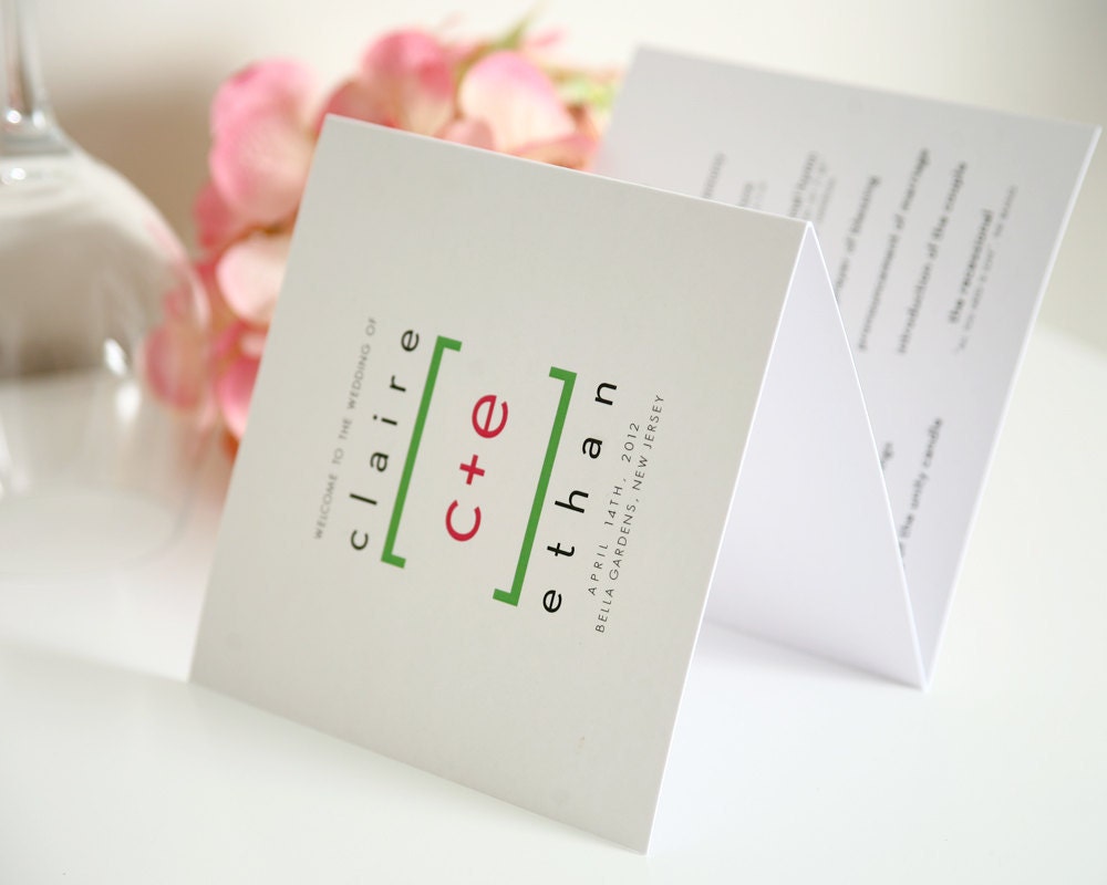 Math Love Tri Fold Wedding Programs Sample in Kelly Green and Hot Pink on Pearl Shimmer Luxury Cardstock