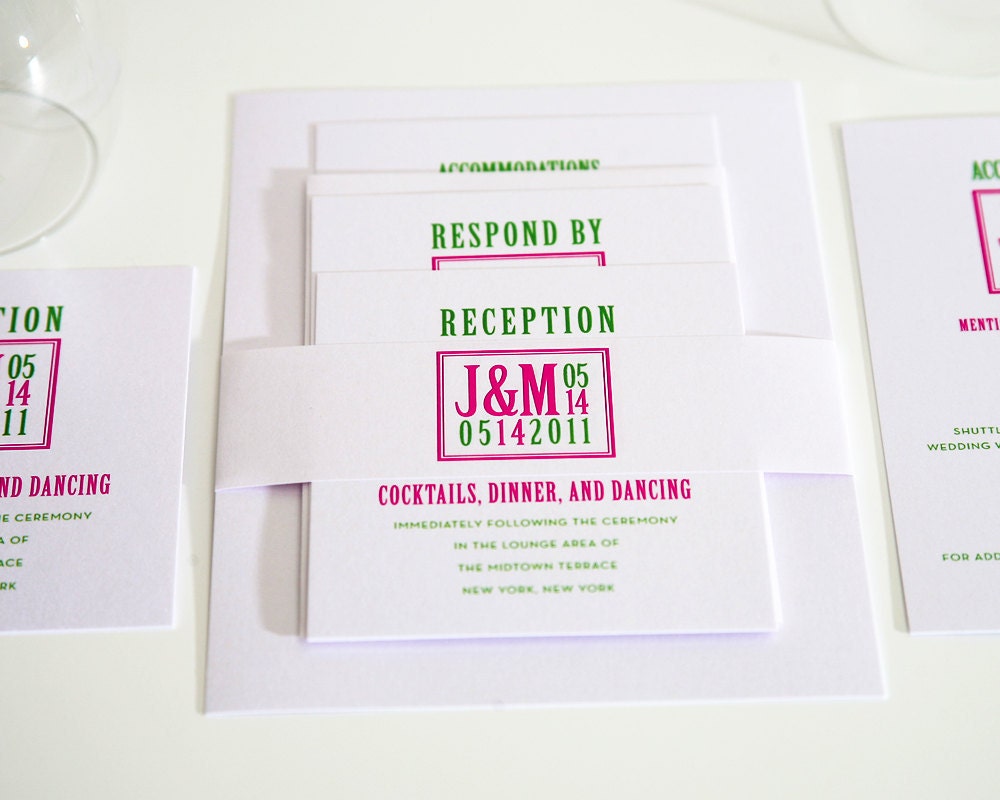 Pink and Green Wedding Invitations - Modern Squared Monogram Design Sample