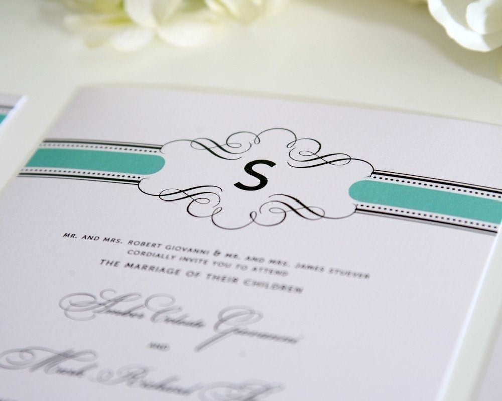 Vintage Wrap Wedding Invitations Sample in Aquamarine on Pearl Shimmer Luxury Cardstock