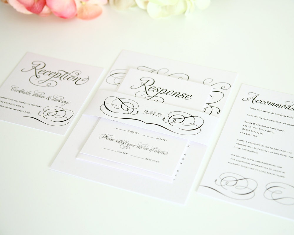 Romantic Wedding Invitation Set in Black and White on Pearl Shimmer Luxury Cardstock - Charming Script Sample