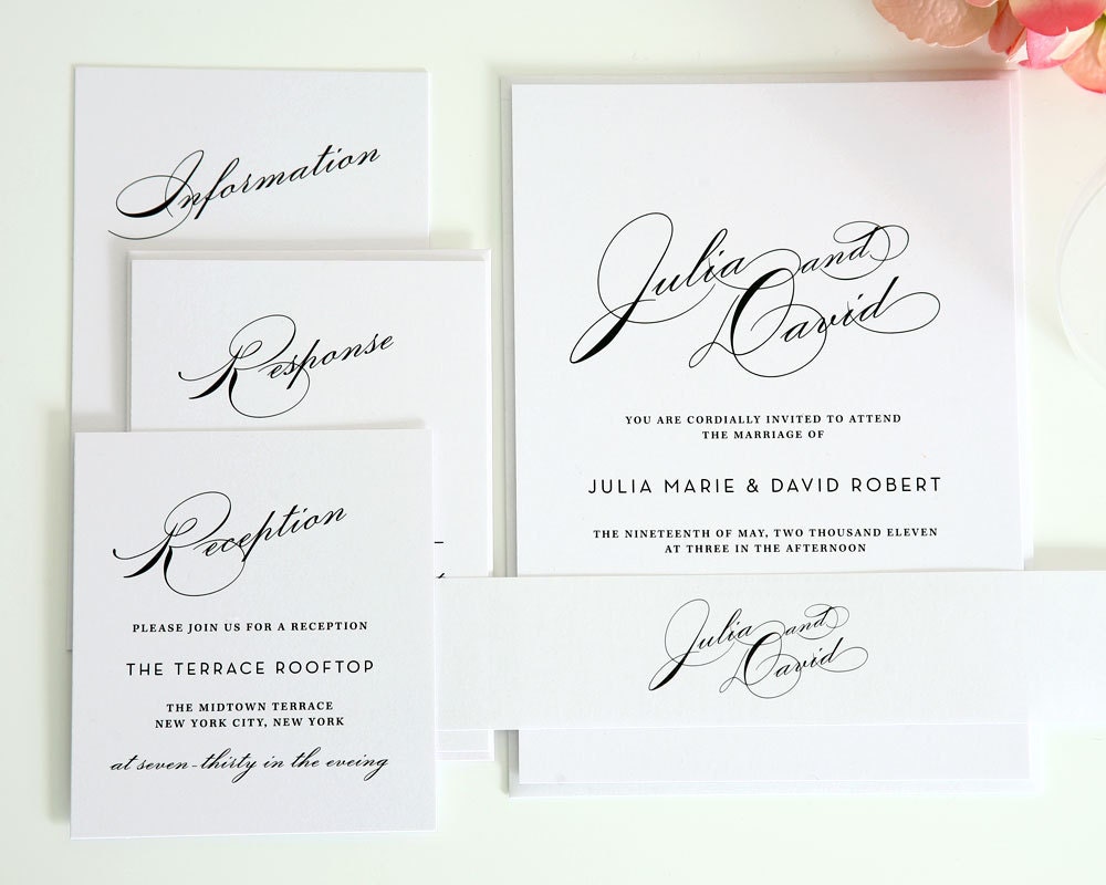 Wedding Invitation Suite - Vintage Glam Design - Modern, Vintage, Hollywood 1940s Wedding Invitation with Large Names in White - Sample Set