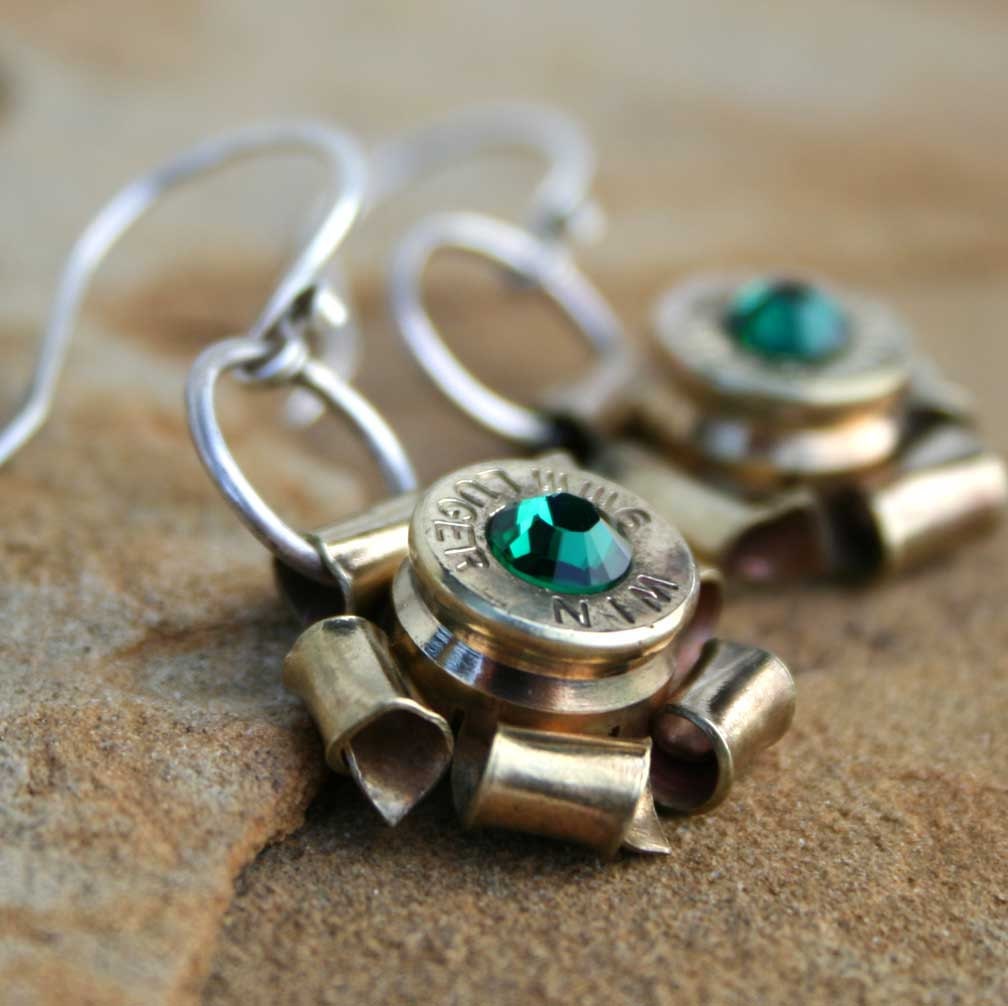 Bullet Rosette Earrings, 9mm Caliber, Swarovski Crystals, Sterling Silver Earwires
