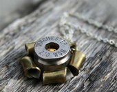 Silver Bullet Necklace, Nickel Plated Brass, Swarovski Crystal Center, Rifle Round, Recycled