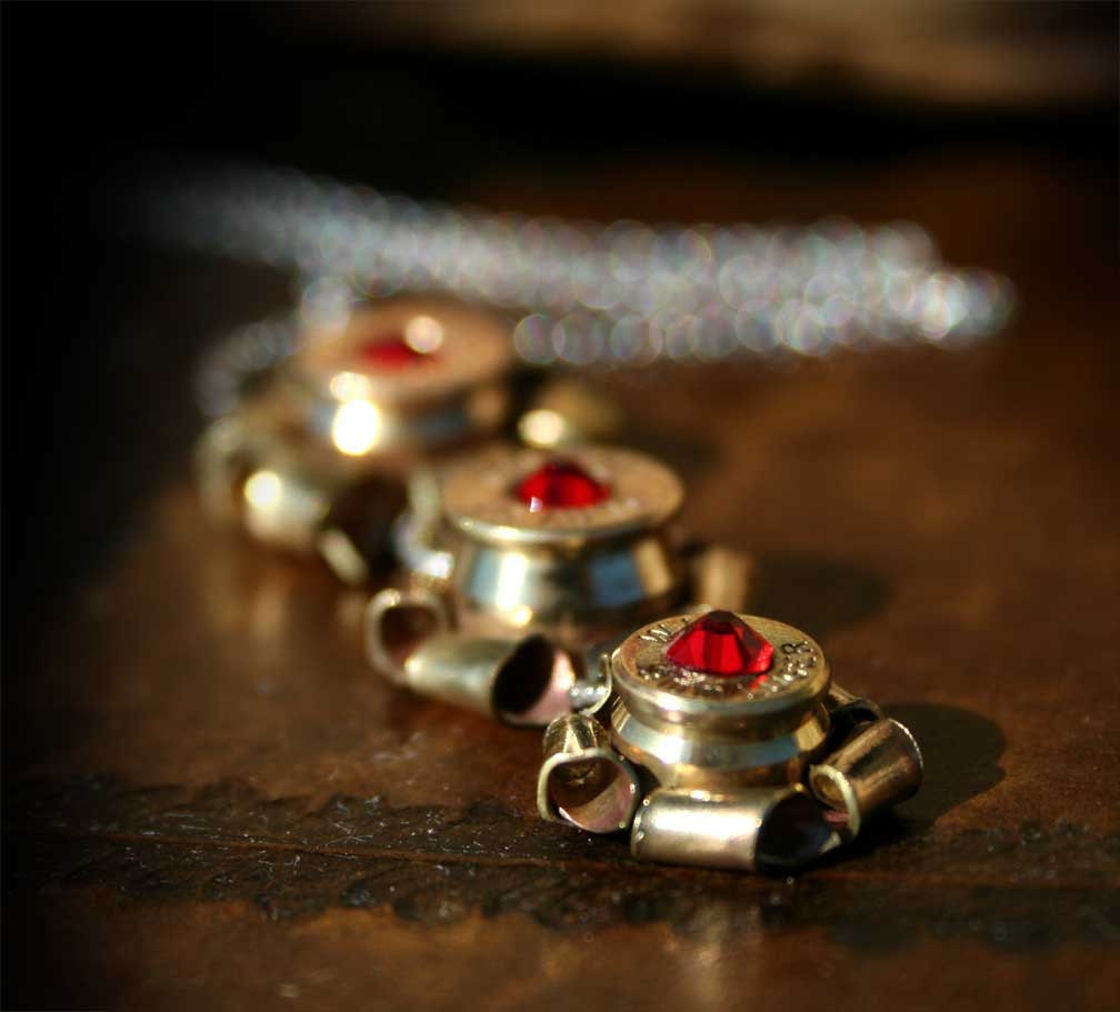 Bullet Necklace, Triple Rosette, Swarovski Crystals, Bullet Art, Sterling Silver Accents