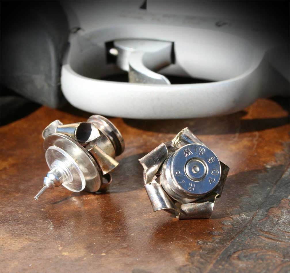 Bullet Earrings, 40 Caliber Rosettes, Dimpled Primer, Post Style with Comfort Clutch Backs