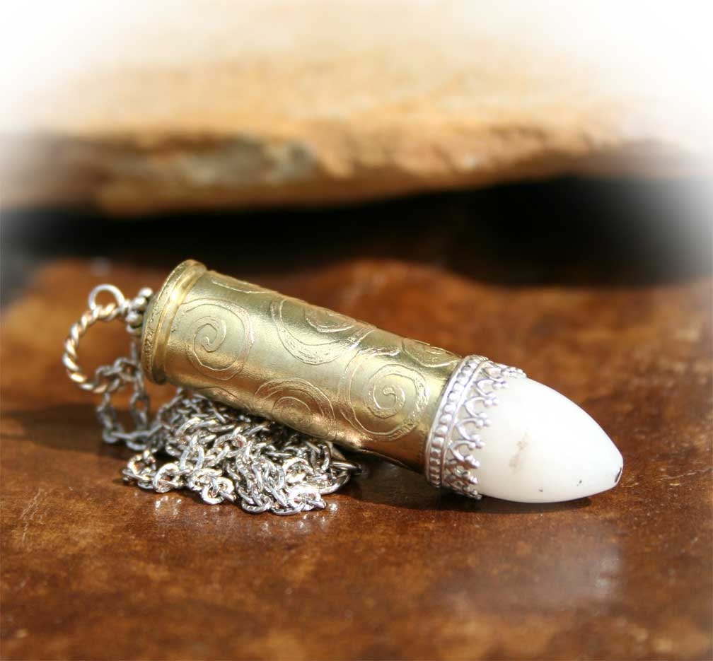 Necklace, Colt 45 Bullet Casing, Pendant, Etched Swirls, White Agate, Sterling Silver Ace Accent
