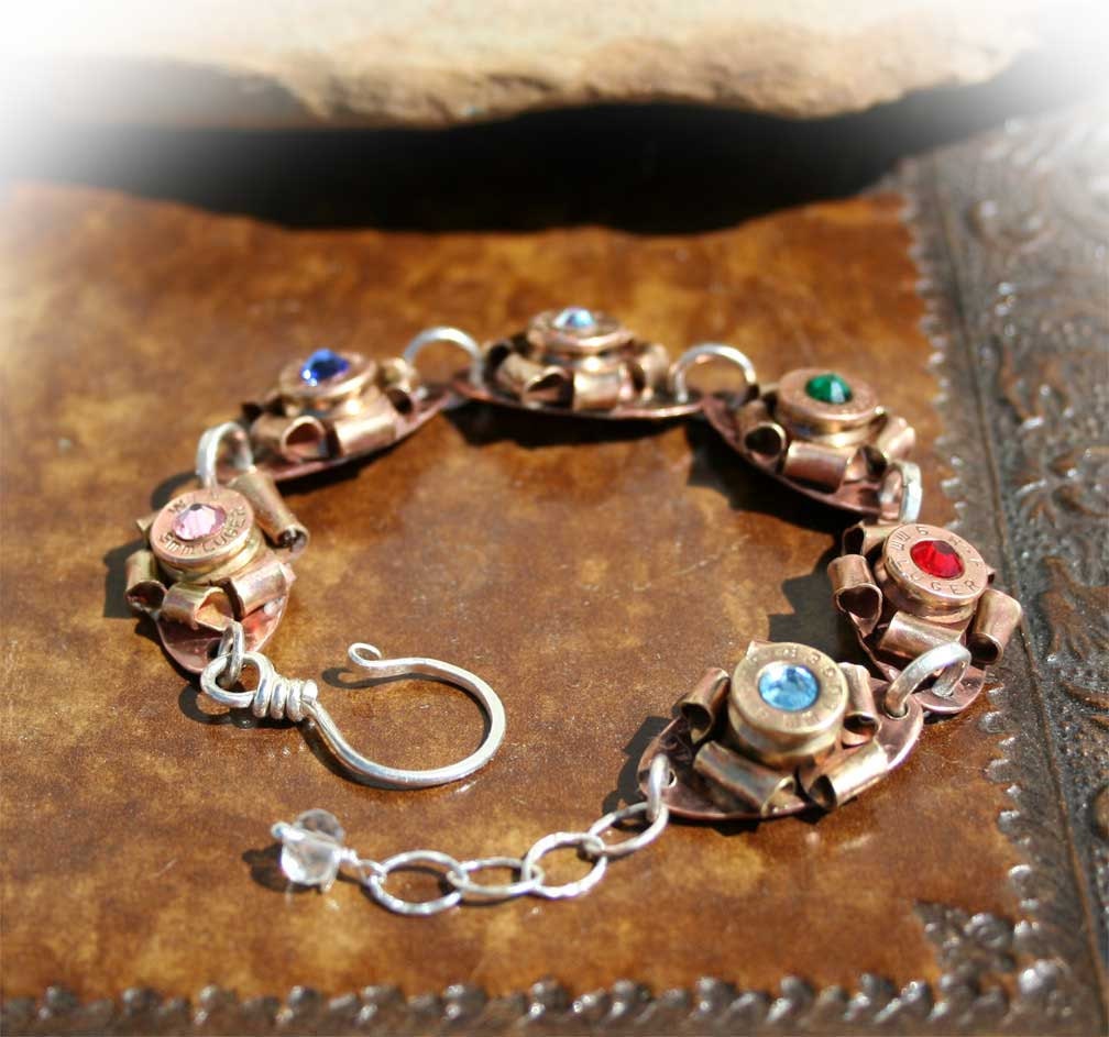 Bullet Bracelet with Luger 9mm Casings Coiled into Rosettes with Colored Swarovski Crystals, Sterling Silver