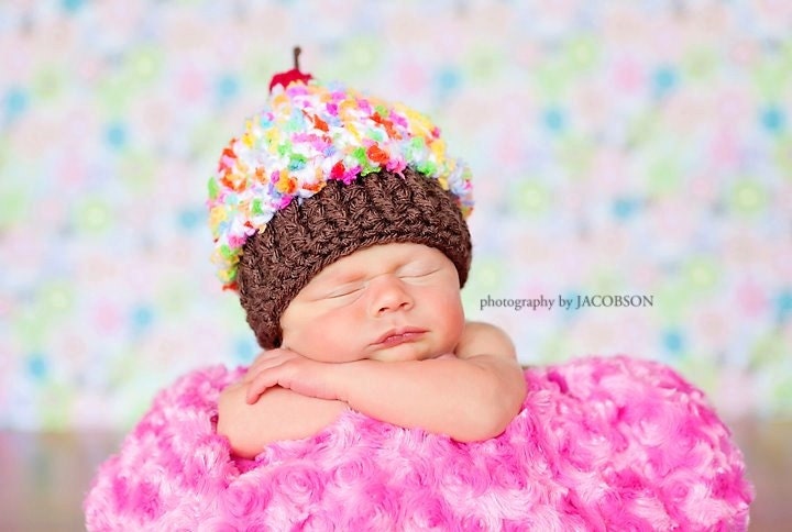 Crochet Baby Girl Cupcake Beanie, Custom Made, Newborn, 0-3 3-6 Months Multi Colored Sprinkle Cherry Hat Photo Photography Prop Shower Gift