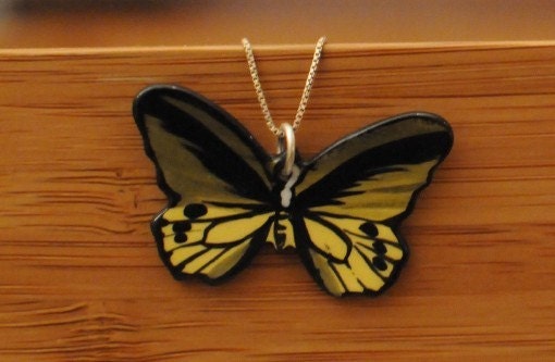 Ceramic Green Birdwing Butterfly Wearable Art Necklace Italian Sterling Silver Chain Included