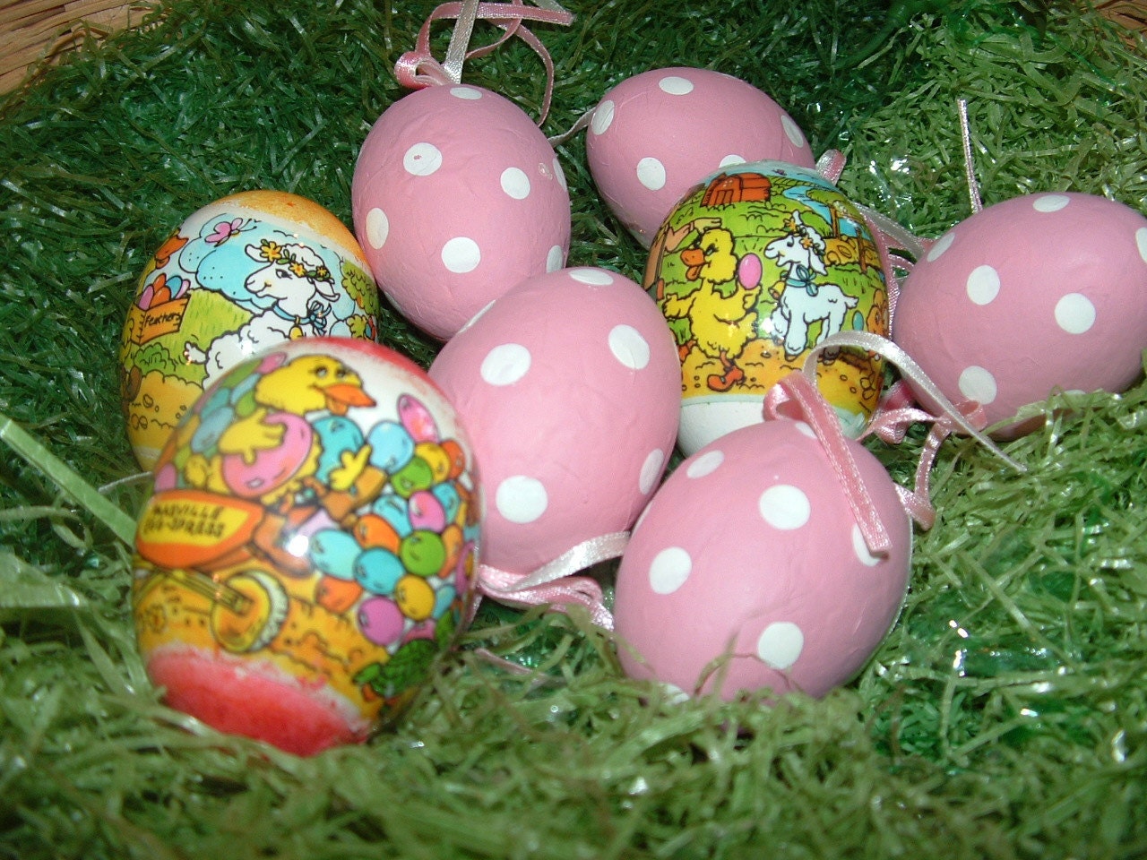 3 Handblown dyed and plastic wrapped Eggshells and 5 pink paper covered eggs