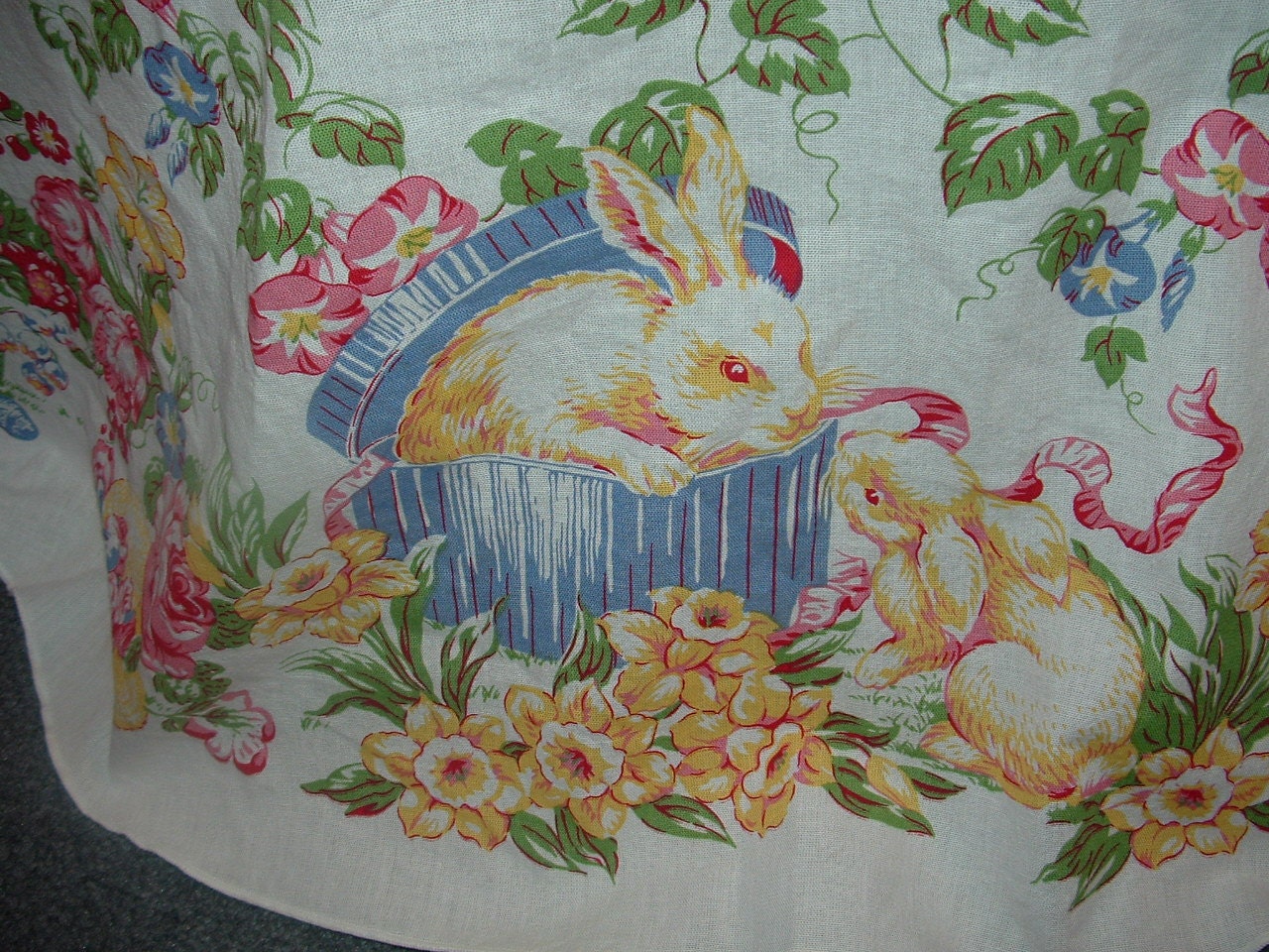 Round Easter Tablecloth with Rabbits by buybackthefarm on Etsy