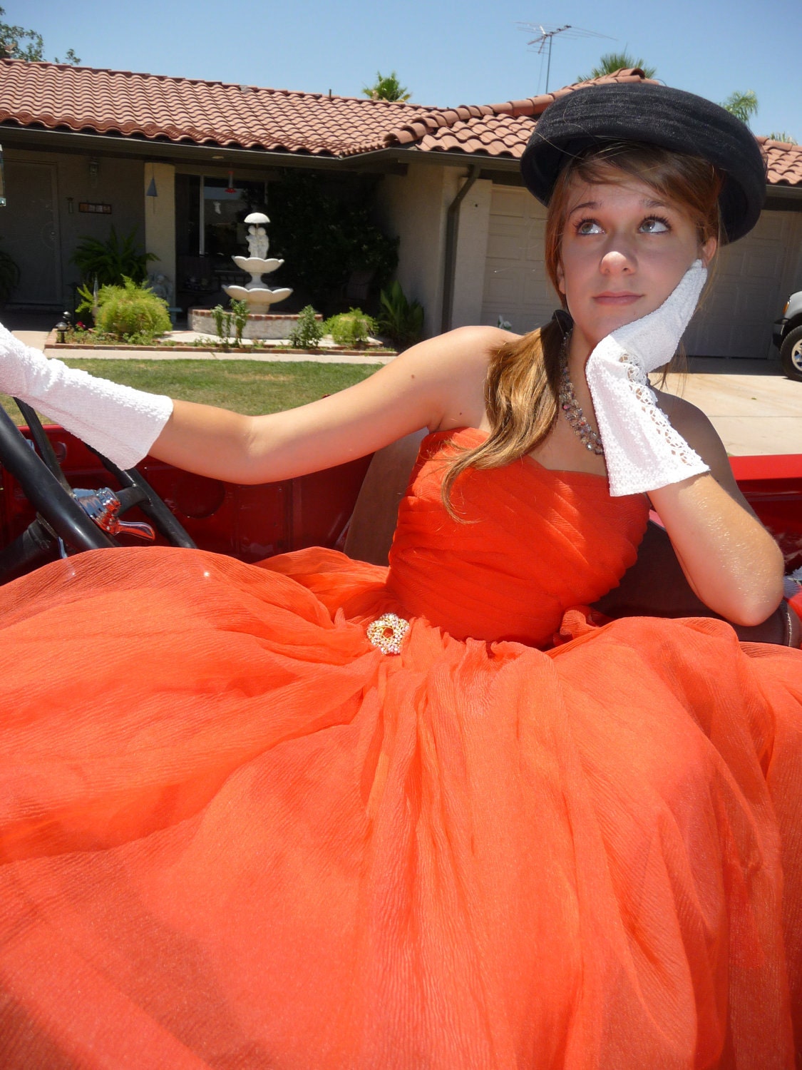 50s Dress Coral Rose Cupcake Sweetheart Petal Bust Chiffon Full Skirt Party Prom Dress Vintage XS