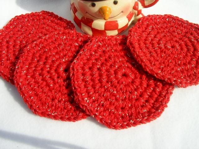 Coasters Set of Four Red with Silver in Cotton