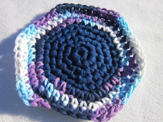 Crocheted Kitchen Scrubbie Cotton and Nylon Tulle in Blue and Purple