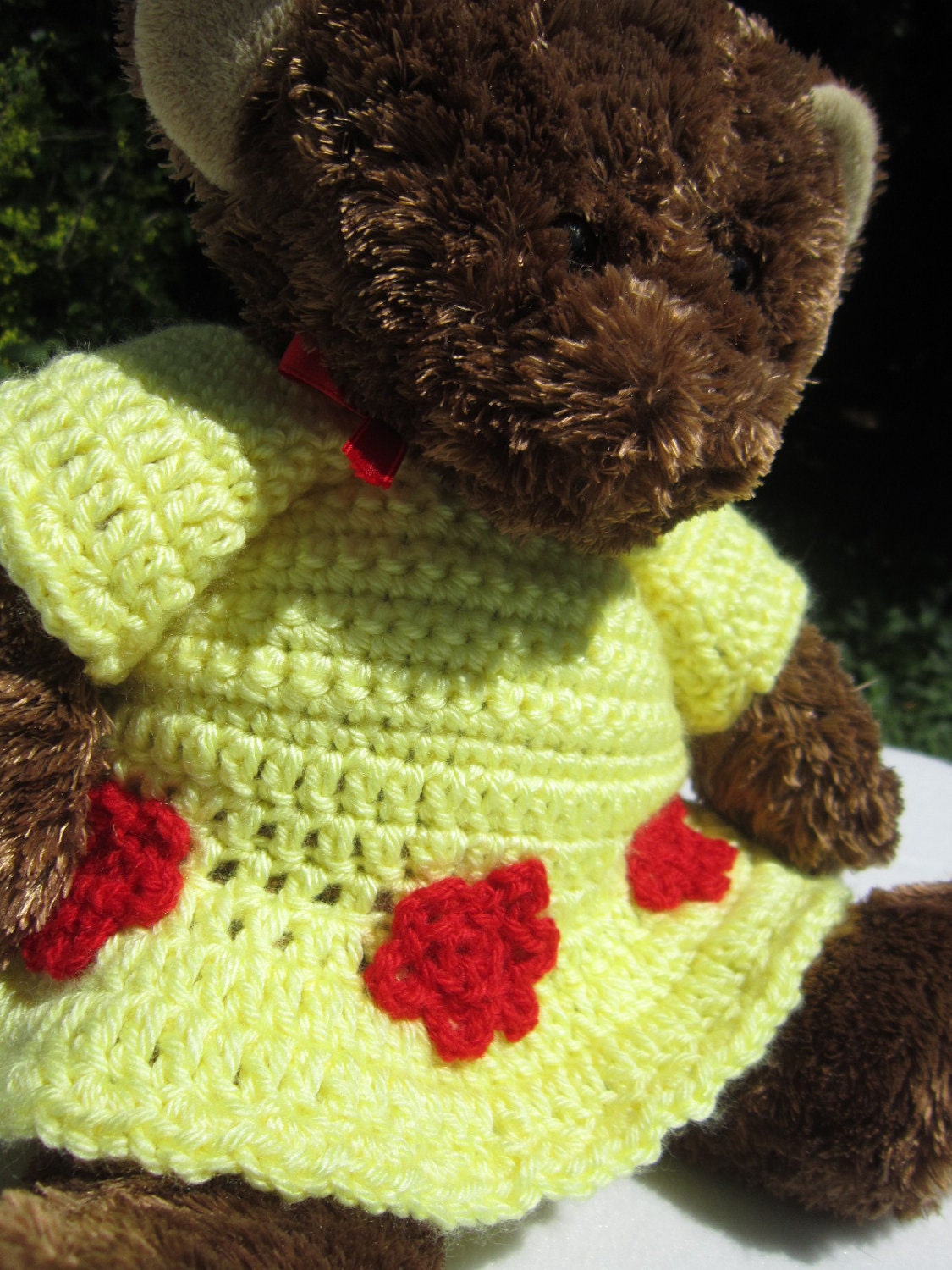 Upcycled Teddy Bear in a new Crochet Yellow Dress with Red Flowers