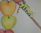 Cat Watercolor - "Cat Stacking"  Apples - Original 5 x 8