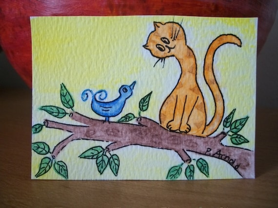 Cat ACEO - What a Cute Little Bird - Original Watercolor