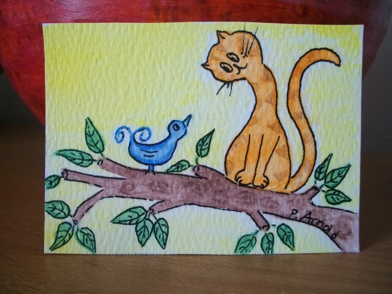 Cat ACEO - What a Cute Little Bird - Original Watercolor