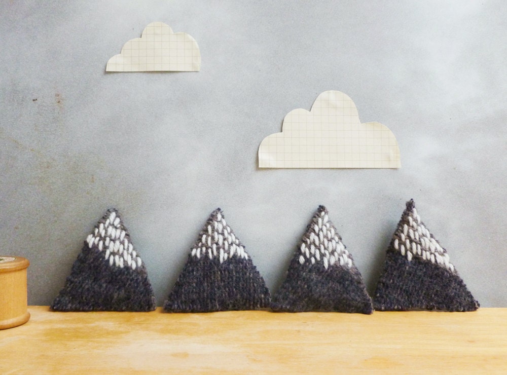 Mountain Brooch Recycled Wool with Embroidery - Blue Grey Marl & White Snow - Geometric Triangle