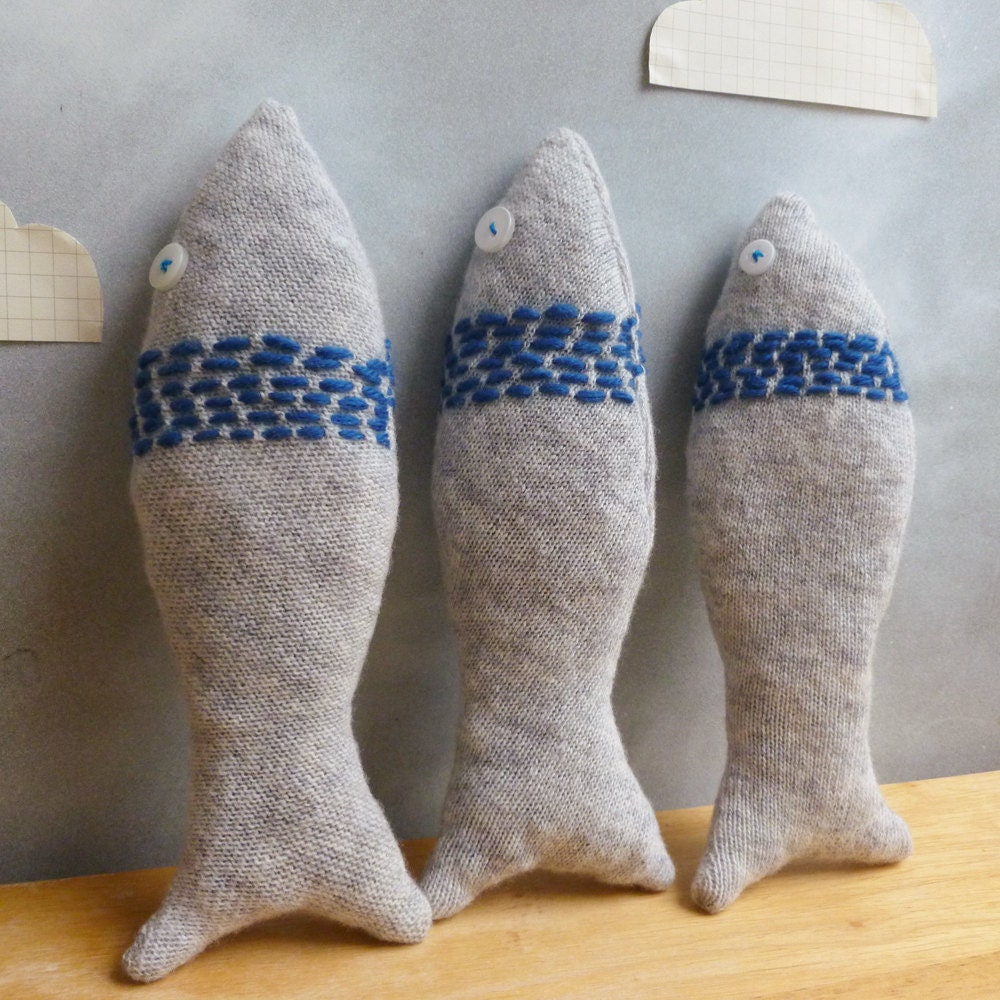 Plush Fish Ornaments - Bathroom decor - Upcycled Wool in Grey & Blue Embroidered Stripe - Set of 3
