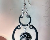 Industrial Chic Earrings Black Automotive Snap Rings and Silver Bali Beads E0430 by Robin Delargy LooLoo's Box Handcrafted Jewelry